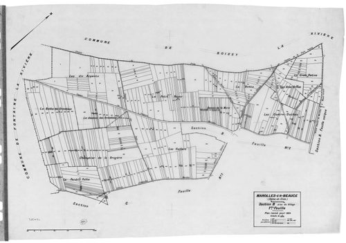 MAROLLES-EN-BEAUCE. - Cadastre révisé pour 1934 : plan du tableau d'assemblage , plans de la section A les Gatines, section B le Village 1ère feuille, idem 2ème feuille, section C les Vignes 1ère feuille, idem 2ème feuille, [6 plans]. 