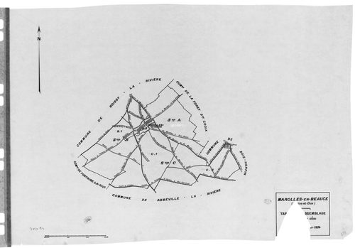 MAROLLES-EN-BEAUCE. - Cadastre révisé pour 1934 : plan du tableau d'assemblage , plans de la section A les Gatines, section B le Village 1ère feuille, idem 2ème feuille, section C les Vignes 1ère feuille, idem 2ème feuille, [6 plans]. 