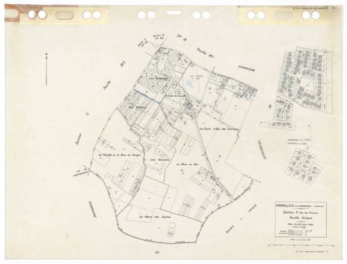 MAROLLES-EN-HUREPOIX, plans minutes de conservation : tableau d'assemblage,1940, Ech. 1/10000 ; plans des sections Au, Du, B1, 1940, Ech. 1/2500, section C3, 1940, Ech. 1/1250, sections AA, AB, AC, AD, AE, AH, AI, AK, 2003, Ech. 1/1000. Polyester. N et B.