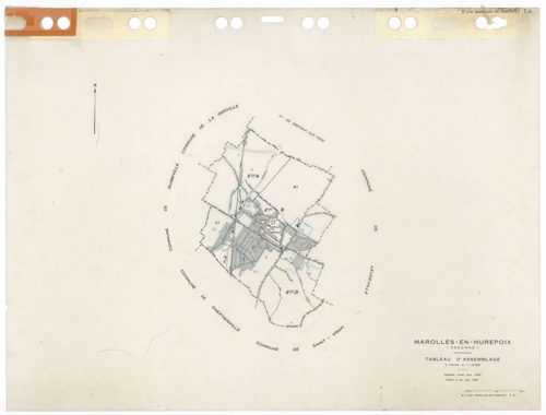 MAROLLES-EN-HUREPOIX, plans minutes de conservation : tableau d'assemblage,1940, Ech. 1/10000 ; plans des sections Au, Du, B1, 1940, Ech. 1/2500, section C3, 1940, Ech. 1/1250, sections AA, AB, AC, AD, AE, AH, AI, AK, 2003, Ech. 1/1000. Polyester. N et B.