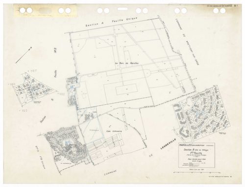 MAROLLES-EN-HUREPOIX, plans minutes de conservation : tableau d'assemblage,1940, Ech. 1/10000 ; plans des sections Au, Du, B1, 1940, Ech. 1/2500, section C3, 1940, Ech. 1/1250, sections AA, AB, AC, AD, AE, AH, AI, AK, 2003, Ech. 1/1000. Polyester. N et B.