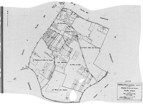 MAROLLES-EN-HUREPOIX. - Cadastre révisé pour 1940 : plan du tableau d'assemblage, plans de la section A la Marinière, section B le Village 1ère feuille, idem 2ème feuille, section C le Moulin à Vent 1ère feuille, idem 2ème feuille, section D les Graviers 