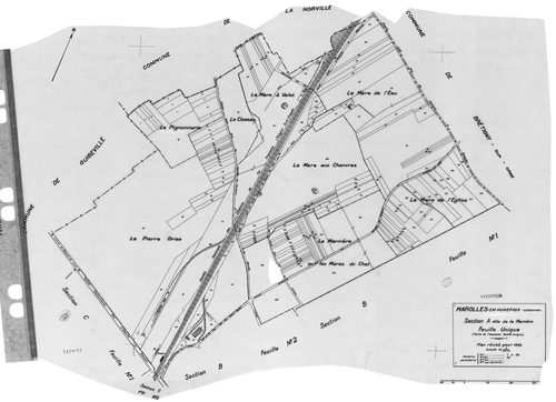 MAROLLES-EN-HUREPOIX. - Cadastre révisé pour 1940 : plan du tableau d'assemblage, plans de la section A la Marinière, section B le Village 1ère feuille, idem 2ème feuille, section C le Moulin à Vent 1ère feuille, idem 2ème feuille, section D les Graviers 