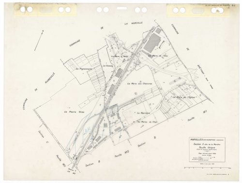 MAROLLES-EN-HUREPOIX, plans minutes de conservation : tableau d'assemblage,1940, Ech. 1/10000 ; plans des sections Au, Du, B1, 1940, Ech. 1/2500, section C3, 1940, Ech. 1/1250, sections AA, AB, AC, AD, AE, AH, AI, AK, 2003, Ech. 1/1000. Polyester. N et B.