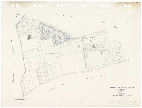 MAROLLES-EN-HUREPOIX, plans minutes de conservation : tableau d'assemblage,1940, Ech. 1/10000 ; plans des sections Au, Du, B1, 1940, Ech. 1/2500, section C3, 1940, Ech. 1/1250, sections AA, AB, AC, AD, AE, AH, AI, AK, 2003, Ech. 1/1000. Polyester. N et B.