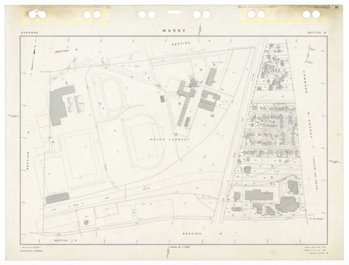 MASSY, plans minutes de conservation : tableau d'assemblage,1955, Ech. 1/10000 ; plans des sections Au, 1955, Ech. 1/2000, sections Bu, Cu, Du, Eu, Hu, Iu, Ku, Lu, Mu, Nu, Ou, Pu, Ru, Su, Tu, Vu, Wu, Xu, Yu, Zu, AB, AC, AD, AE, AH, 1955, Ech. 1/1000. Poly