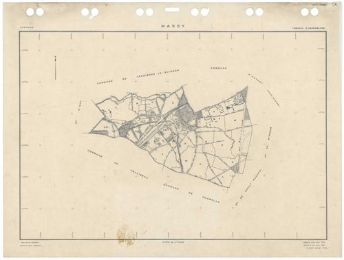 MASSY, plans minutes de conservation : tableau d'assemblage,1955, Ech. 1/10000 ; plans des sections Au, 1955, Ech. 1/2000, sections Bu, Cu, Du, Eu, Hu, Iu, Ku, Lu, Mu, Nu, Ou, Pu, Ru, Su, Tu, Vu, Wu, Xu, Yu, Zu, AB, AC, AD, AE, AH, 1955, Ech. 1/1000. Poly