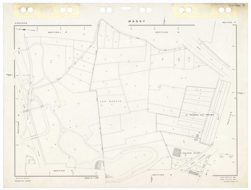 MASSY, plans minutes de conservation : tableau d'assemblage,1955, Ech. 1/10000 ; plans des sections Au, 1955, Ech. 1/2000, sections Bu, Cu, Du, Eu, Hu, Iu, Ku, Lu, Mu, Nu, Ou, Pu, Ru, Su, Tu, Vu, Wu, Xu, Yu, Zu, AB, AC, AD, AE, AH, 1955, Ech. 1/1000. Poly