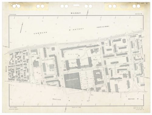 MASSY, plans minutes de conservation : tableau d'assemblage,1955, Ech. 1/10000 ; plans des sections Au, 1955, Ech. 1/2000, sections Bu, Cu, Du, Eu, Hu, Iu, Ku, Lu, Mu, Nu, Ou, Pu, Ru, Su, Tu, Vu, Wu, Xu, Yu, Zu, AB, AC, AD, AE, AH, 1955, Ech. 1/1000. Poly