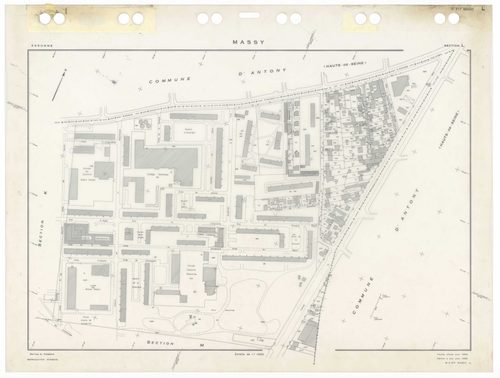 MASSY, plans minutes de conservation : tableau d'assemblage,1955, Ech. 1/10000 ; plans des sections Au, 1955, Ech. 1/2000, sections Bu, Cu, Du, Eu, Hu, Iu, Ku, Lu, Mu, Nu, Ou, Pu, Ru, Su, Tu, Vu, Wu, Xu, Yu, Zu, AB, AC, AD, AE, AH, 1955, Ech. 1/1000. Poly