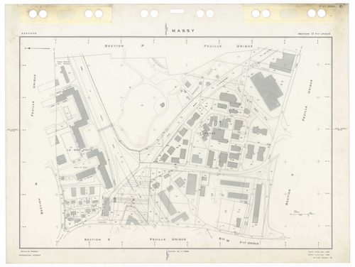 MASSY, plans minutes de conservation : tableau d'assemblage,1955, Ech. 1/10000 ; plans des sections Au, 1955, Ech. 1/2000, sections Bu, Cu, Du, Eu, Hu, Iu, Ku, Lu, Mu, Nu, Ou, Pu, Ru, Su, Tu, Vu, Wu, Xu, Yu, Zu, AB, AC, AD, AE, AH, 1955, Ech. 1/1000. Poly