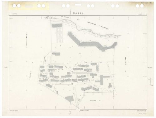 MASSY, plans minutes de conservation : tableau d'assemblage,1955, Ech. 1/10000 ; plans des sections Au, 1955, Ech. 1/2000, sections Bu, Cu, Du, Eu, Hu, Iu, Ku, Lu, Mu, Nu, Ou, Pu, Ru, Su, Tu, Vu, Wu, Xu, Yu, Zu, AB, AC, AD, AE, AH, 1955, Ech. 1/1000. Poly