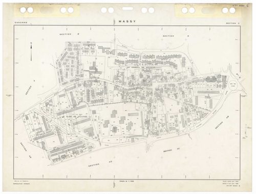 MASSY, plans minutes de conservation : tableau d'assemblage,1955, Ech. 1/10000 ; plans des sections Au, 1955, Ech. 1/2000, sections Bu, Cu, Du, Eu, Hu, Iu, Ku, Lu, Mu, Nu, Ou, Pu, Ru, Su, Tu, Vu, Wu, Xu, Yu, Zu, AB, AC, AD, AE, AH, 1955, Ech. 1/1000. Poly