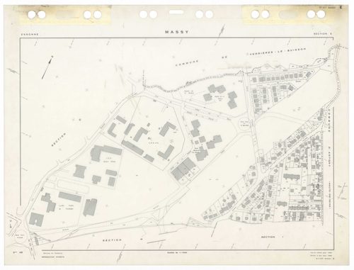 MASSY, plans minutes de conservation : tableau d'assemblage,1955, Ech. 1/10000 ; plans des sections Au, 1955, Ech. 1/2000, sections Bu, Cu, Du, Eu, Hu, Iu, Ku, Lu, Mu, Nu, Ou, Pu, Ru, Su, Tu, Vu, Wu, Xu, Yu, Zu, AB, AC, AD, AE, AH, 1955, Ech. 1/1000. Poly