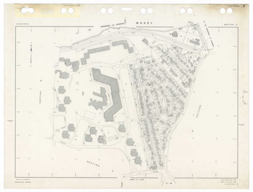 MASSY, plans minutes de conservation : tableau d'assemblage,1955, Ech. 1/10000 ; plans des sections Au, 1955, Ech. 1/2000, sections Bu, Cu, Du, Eu, Hu, Iu, Ku, Lu, Mu, Nu, Ou, Pu, Ru, Su, Tu, Vu, Wu, Xu, Yu, Zu, AB, AC, AD, AE, AH, 1955, Ech. 1/1000. Poly