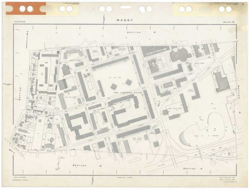 MASSY, plans minutes de conservation : tableau d'assemblage,1955, Ech. 1/10000 ; plans des sections Au, 1955, Ech. 1/2000, sections Bu, Cu, Du, Eu, Hu, Iu, Ku, Lu, Mu, Nu, Ou, Pu, Ru, Su, Tu, Vu, Wu, Xu, Yu, Zu, AB, AC, AD, AE, AH, 1955, Ech. 1/1000. Poly