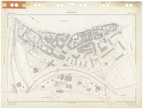 MASSY, plans minutes de conservation : tableau d'assemblage,1955, Ech. 1/10000 ; plans des sections Au, 1955, Ech. 1/2000, sections Bu, Cu, Du, Eu, Hu, Iu, Ku, Lu, Mu, Nu, Ou, Pu, Ru, Su, Tu, Vu, Wu, Xu, Yu, Zu, AB, AC, AD, AE, AH, 1955, Ech. 1/1000. Poly