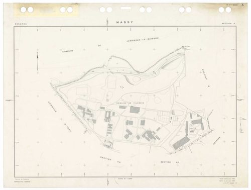MASSY, plans minutes de conservation : tableau d'assemblage,1955, Ech. 1/10000 ; plans des sections Au, 1955, Ech. 1/2000, sections Bu, Cu, Du, Eu, Hu, Iu, Ku, Lu, Mu, Nu, Ou, Pu, Ru, Su, Tu, Vu, Wu, Xu, Yu, Zu, AB, AC, AD, AE, AH, 1955, Ech. 1/1000. Poly