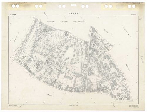 MASSY, plans minutes de conservation : tableau d'assemblage,1955, Ech. 1/10000 ; plans des sections Au, 1955, Ech. 1/2000, sections Bu, Cu, Du, Eu, Hu, Iu, Ku, Lu, Mu, Nu, Ou, Pu, Ru, Su, Tu, Vu, Wu, Xu, Yu, Zu, AB, AC, AD, AE, AH, 1955, Ech. 1/1000. Poly