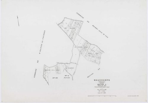 MAUCHAMPS, plans minutes de conservation : tableau d'assemblage, 1955, Ech. 1/5000 ; plans des section A1, 1932, Ech. 1/1250, section A2, 1932, Ech. 1/2500, sections ZA, ZB, 1963, Ech. 1/2000. Polyester. N et B. Dim. 105 x 80 cm [5 plans]. 