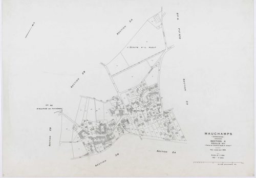 MAUCHAMPS, plans minutes de conservation : tableau d'assemblage, 1955, Ech. 1/5000 ; plans des section A1, 1932, Ech. 1/1250, section A2, 1932, Ech. 1/2500, sections ZA, ZB, 1963, Ech. 1/2000. Polyester. N et B. Dim. 105 x 80 cm [5 plans]. 