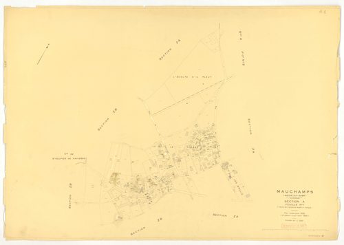 Plans minutes de conservation : MAUCHAMPS : tableau d'assemblage n°1, ech. 1/10000 (1932) ; sections A2, B, ech. 1/2500 (1932) ; tableau d'assemblage n°2, ech. 1/5000 (1932-1969) ; sections A1, A2, ech. 1/1250 (1932-1963) ; sections ZA, ZB, ech. 1/2000 (1