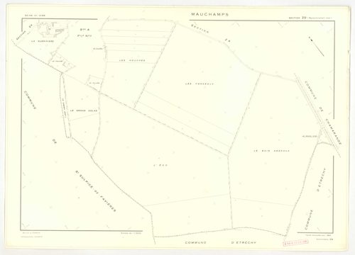 Plans minutes de conservation : MAUCHAMPS : tableau d'assemblage n°1, ech. 1/10000 (1932) ; sections A2, B, ech. 1/2500 (1932) ; tableau d'assemblage n°2, ech. 1/5000 (1932-1969) ; sections A1, A2, ech. 1/1250 (1932-1963) ; sections ZA, ZB, ech. 1/2000 (1