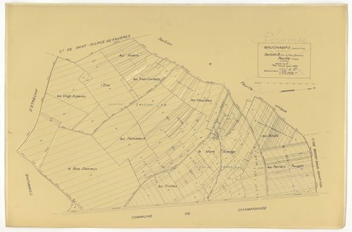 Plans minutes de conservation : MAUCHAMPS : tableau d'assemblage n°1, ech. 1/10000 (1932) ; sections A2, B, ech. 1/2500 (1932) ; tableau d'assemblage n°2, ech. 1/5000 (1932-1969) ; sections A1, A2, ech. 1/1250 (1932-1963) ; sections ZA, ZB, ech. 1/2000 (1