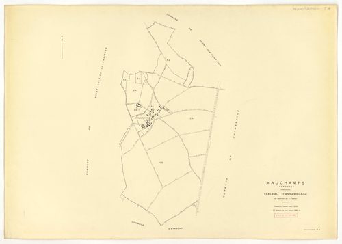 Plans minutes de conservation : MAUCHAMPS : tableau d'assemblage n°1, ech. 1/10000 (1932) ; sections A2, B, ech. 1/2500 (1932) ; tableau d'assemblage n°2, ech. 1/5000 (1932-1969) ; sections A1, A2, ech. 1/1250 (1932-1963) ; sections ZA, ZB, ech. 1/2000 (1