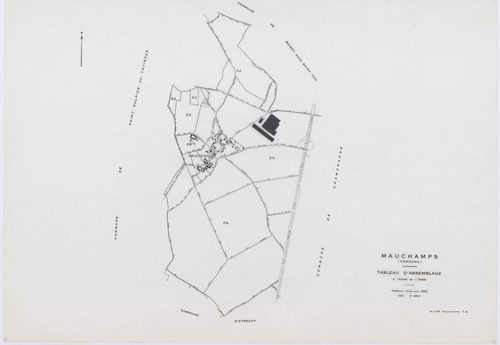 MAUCHAMPS, plans minutes de conservation : tableau d'assemblage, 1955, Ech. 1/5000 ; plans des section A1, 1932, Ech. 1/1250, section A2, 1932, Ech. 1/2500, sections ZA, ZB, 1963, Ech. 1/2000. Polyester. N et B. Dim. 105 x 80 cm [5 plans]. 