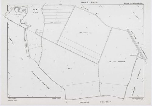 MAUCHAMPS, plans minutes de conservation : tableau d'assemblage, 1955, Ech. 1/5000 ; plans des section A1, 1932, Ech. 1/1250, section A2, 1932, Ech. 1/2500, sections ZA, ZB, 1963, Ech. 1/2000. Polyester. N et B. Dim. 105 x 80 cm [5 plans]. 