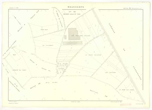 Plans minutes de conservation : MAUCHAMPS : tableau d'assemblage n°1, ech. 1/10000 (1932) ; sections A2, B, ech. 1/2500 (1932) ; tableau d'assemblage n°2, ech. 1/5000 (1932-1969) ; sections A1, A2, ech. 1/1250 (1932-1963) ; sections ZA, ZB, ech. 1/2000 (1