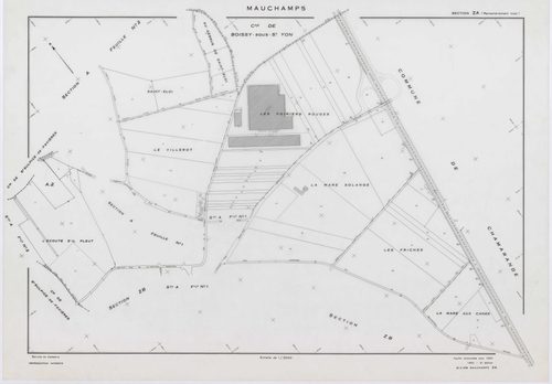 MAUCHAMPS, plans minutes de conservation : tableau d'assemblage, 1955, Ech. 1/5000 ; plans des section A1, 1932, Ech. 1/1250, section A2, 1932, Ech. 1/2500, sections ZA, ZB, 1963, Ech. 1/2000. Polyester. N et B. Dim. 105 x 80 cm [5 plans]. 