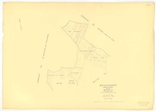 Plans minutes de conservation : MAUCHAMPS : tableau d'assemblage n°1, ech. 1/10000 (1932) ; sections A2, B, ech. 1/2500 (1932) ; tableau d'assemblage n°2, ech. 1/5000 (1932-1969) ; sections A1, A2, ech. 1/1250 (1932-1963) ; sections ZA, ZB, ech. 1/2000 (1
