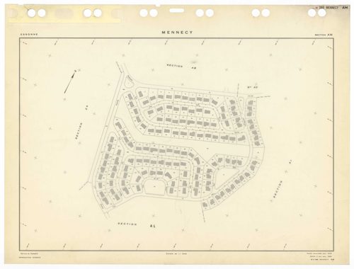 MENNECY, plans minutes de conservation : tableau d'assemblage,1936, Ech. 1/5000 ; plans des sections A1, 1936, Ech. 1/2500, section A3, 1936, 1/1250, section ZU, 1953, Ech. 1/2000, section ZA, 1961, Ech. 1/2500, sections ZB, ZC, ZD, 1964, Ech. 1/2000, sec
