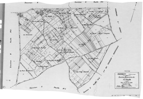 MENNECY. - Cadastre révisé pour 1936 : plans de la section A le Village 2ème feuille, idem 3ème feuille, idem 4ème feuille, section B la Verville 1ère feuille, section C le Bois Notre Dame 2ème feuille ; cadastre révisé pour 1936 renouvelé pour 1940 : pla