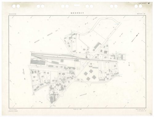 MENNECY, plans minutes de conservation : tableau d'assemblage,1936, Ech. 1/5000 ; plans des sections A1, 1936, Ech. 1/2500, section A3, 1936, 1/1250, section ZU, 1953, Ech. 1/2000, section ZA, 1961, Ech. 1/2500, sections ZB, ZC, ZD, 1964, Ech. 1/2000, sec
