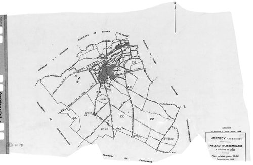 MENNECY. - Cadastre révisé pour 1936 : plans de la section A le Village 2ème feuille, idem 3ème feuille, idem 4ème feuille, section B la Verville 1ère feuille, section C le Bois Notre Dame 2ème feuille ; cadastre révisé pour 1936 renouvelé pour 1940 : pla