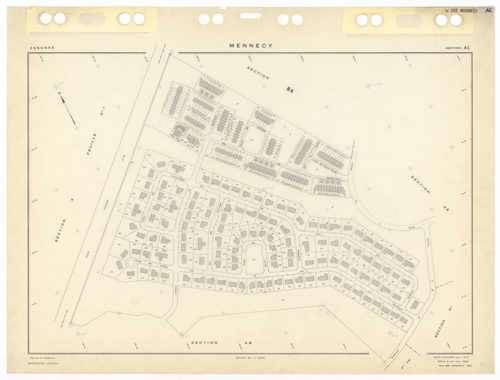 MENNECY, plans minutes de conservation : tableau d'assemblage,1936, Ech. 1/5000 ; plans des sections A1, 1936, Ech. 1/2500, section A3, 1936, 1/1250, section ZU, 1953, Ech. 1/2000, section ZA, 1961, Ech. 1/2500, sections ZB, ZC, ZD, 1964, Ech. 1/2000, sec