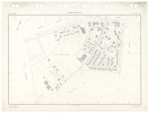 MENNECY, plans minutes de conservation : tableau d'assemblage,1936, Ech. 1/5000 ; plans des sections A1, 1936, Ech. 1/2500, section A3, 1936, 1/1250, section ZU, 1953, Ech. 1/2000, section ZA, 1961, Ech. 1/2500, sections ZB, ZC, ZD, 1964, Ech. 1/2000, sec