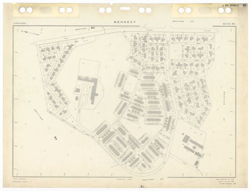 MENNECY, plans minutes de conservation : tableau d'assemblage,1936, Ech. 1/5000 ; plans des sections A1, 1936, Ech. 1/2500, section A3, 1936, 1/1250, section ZU, 1953, Ech. 1/2000, section ZA, 1961, Ech. 1/2500, sections ZB, ZC, ZD, 1964, Ech. 1/2000, sec