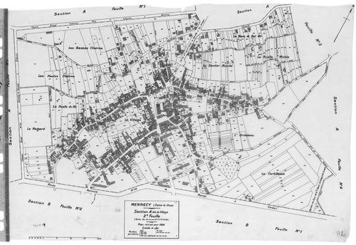 MENNECY. - Cadastre révisé pour 1936 : plans de la section A le Village 2ème feuille, idem 3ème feuille, idem 4ème feuille, section B la Verville 1ère feuille, section C le Bois Notre Dame 2ème feuille ; cadastre révisé pour 1936 renouvelé pour 1940 : pla