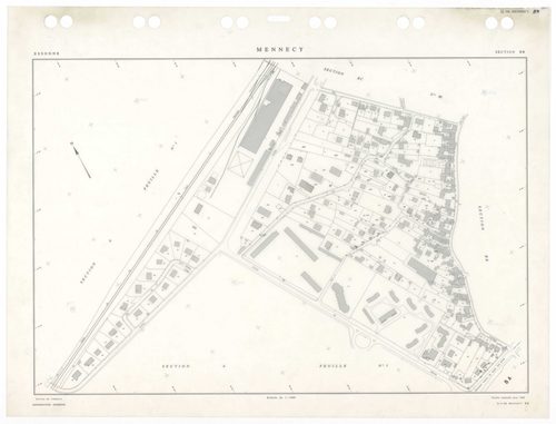 MENNECY, plans minutes de conservation : tableau d'assemblage,1936, Ech. 1/5000 ; plans des sections A1, 1936, Ech. 1/2500, section A3, 1936, 1/1250, section ZU, 1953, Ech. 1/2000, section ZA, 1961, Ech. 1/2500, sections ZB, ZC, ZD, 1964, Ech. 1/2000, sec