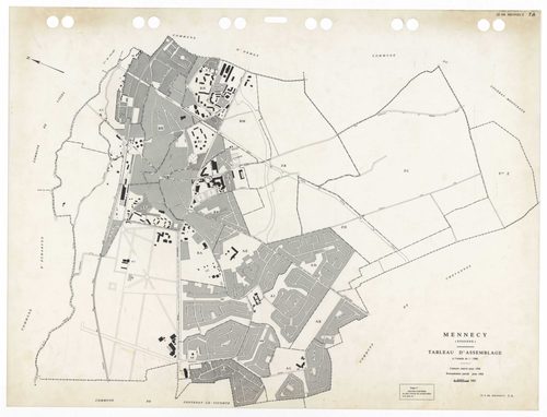 MENNECY, plans minutes de conservation : tableau d'assemblage,1936, Ech. 1/5000 ; plans des sections A1, 1936, Ech. 1/2500, section A3, 1936, 1/1250, section ZU, 1953, Ech. 1/2000, section ZA, 1961, Ech. 1/2500, sections ZB, ZC, ZD, 1964, Ech. 1/2000, sec