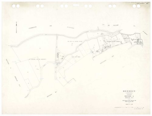 MENNECY, plans minutes de conservation : tableau d'assemblage,1936, Ech. 1/5000 ; plans des sections A1, 1936, Ech. 1/2500, section A3, 1936, 1/1250, section ZU, 1953, Ech. 1/2000, section ZA, 1961, Ech. 1/2500, sections ZB, ZC, ZD, 1964, Ech. 1/2000, sec