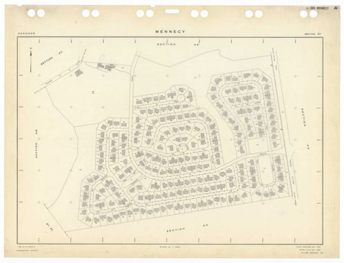 MENNECY, plans minutes de conservation : tableau d'assemblage,1936, Ech. 1/5000 ; plans des sections A1, 1936, Ech. 1/2500, section A3, 1936, 1/1250, section ZU, 1953, Ech. 1/2000, section ZA, 1961, Ech. 1/2500, sections ZB, ZC, ZD, 1964, Ech. 1/2000, sec