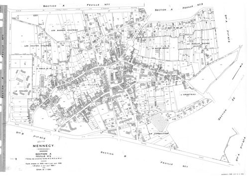 MENNECY. - Cadastre révisé pour 1936 : plans de la section A le Village 2ème feuille, idem 3ème feuille, idem 4ème feuille, section B la Verville 1ère feuille, section C le Bois Notre Dame 2ème feuille ; cadastre révisé pour 1936 renouvelé pour 1940 : pla