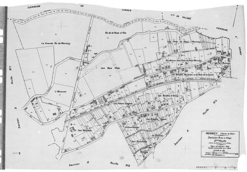 MENNECY. - Cadastre révisé pour 1936 : plans de la section A le Village 2ème feuille, idem 3ème feuille, idem 4ème feuille, section B la Verville 1ère feuille, section C le Bois Notre Dame 2ème feuille ; cadastre révisé pour 1936 renouvelé pour 1940 : pla