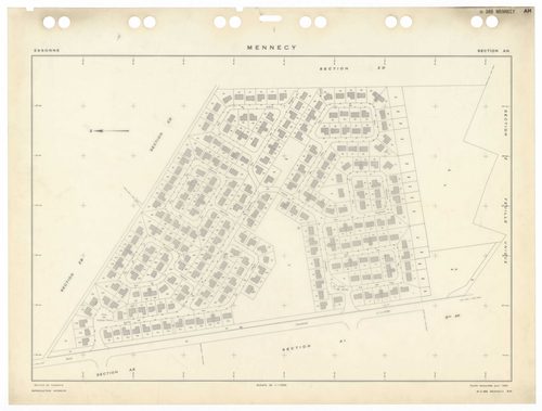 MENNECY, plans minutes de conservation : tableau d'assemblage,1936, Ech. 1/5000 ; plans des sections A1, 1936, Ech. 1/2500, section A3, 1936, 1/1250, section ZU, 1953, Ech. 1/2000, section ZA, 1961, Ech. 1/2500, sections ZB, ZC, ZD, 1964, Ech. 1/2000, sec