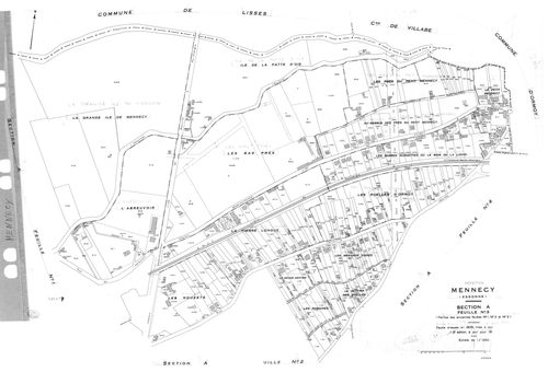 MENNECY. - Cadastre révisé pour 1936 : plans de la section A le Village 2ème feuille, idem 3ème feuille, idem 4ème feuille, section B la Verville 1ère feuille, section C le Bois Notre Dame 2ème feuille ; cadastre révisé pour 1936 renouvelé pour 1940 : pla